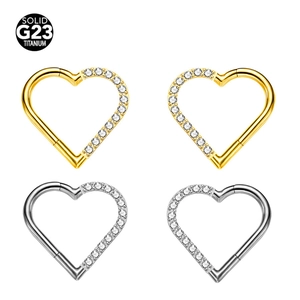 G23 Titanium Heart Shaped Piercing Ring Clear Cubic Zirconia Inlaid Hinged Segment Hoop Nose Septum Ear Cartilage Daith Jewelry