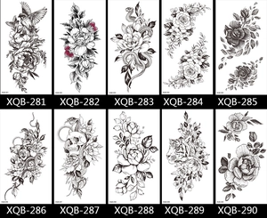 Grid display of black and white sketch tattoo stickers featuring flowers and animal motifs