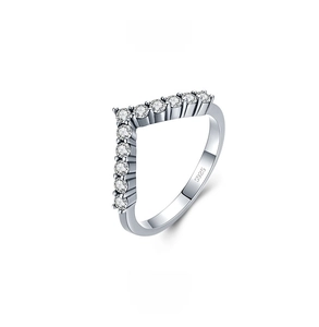 Macro shot of V-shaped S925 sterling silver ring with sparkling zircon stones