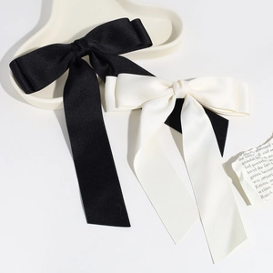 Elegant satin bow hair clip set with long ribbons in black and cream white colors