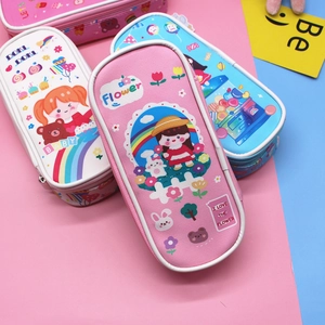 Close-up of waterproof cartoon pencil cases with metal zippers and cute girl prints