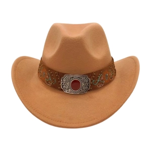 Classic khaki wide brim western cowboy hat with embroidered ethnic band and silver buckle