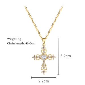 Detailed dimensions of gold hollow heart cross necklace with weight and chain length