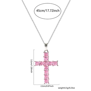 Pink zircon cross necklace with silver chain 45cm length and 3.2x2.2cm pendant size