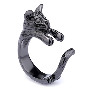 Bague chat ouverte en acier inoxydable noir avec texture de poils métalliques
