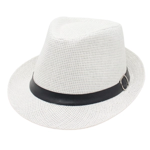 Breathable white woven straw fedora hat with black belt buckle for summer beach travel