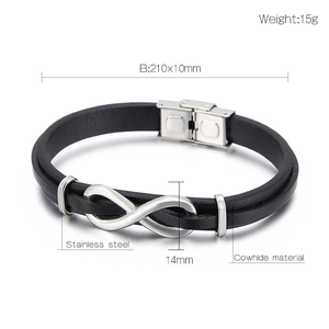 Detail of black cowhide braided bracelet showing infinity symbol and 210x10mm size