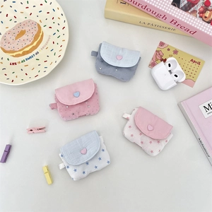 Soft Cloth Earphone Case With Star Pattern And Heart Button Snap Closure Portable Storage Bag For Wireless Earbuds