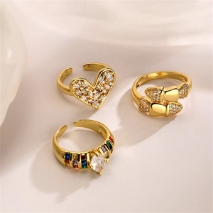 Fashion Gold Plated Copper Heart Open Ring With Colorful Rhinestone Rainbow Adjustable Jewelry Accessory For Women Men