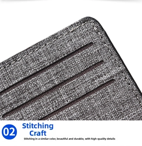 Close-up of gray woven fabric wallet showing precision stitching and card slot details