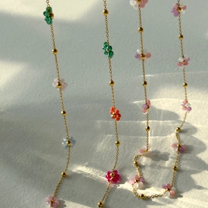 Stainless Steel Flower Necklace 18K Gold Plated Colorful Crystal Beaded Floral Pendant Bohemian Jewelry For Women