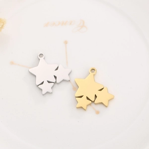 Macro shot of silver and gold stainless steel star pendants on a ceramic Cancer dish