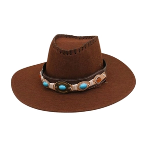 Chapeau de cowboy marron avec bandeau en cuir serti de pierres turquoise