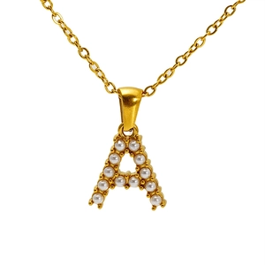 Gold letter A pendant necklace with white pearls on a minimalist O-chain necklace