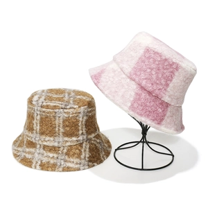 Retro plaid teddy fleece bucket hats in brown and pink patterns for autumn and winter