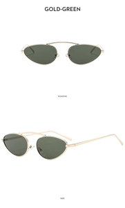 Detail view showing Gold-Green cat eye sunglasses with double bridge and metal frame