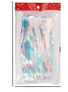 Detailed view of the 2m iridescent party fringe curtain packaging with specific dimensions