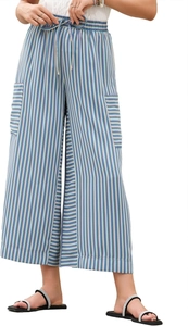 Detail of high-waist striped wide-leg trousers with drawstring and side pockets