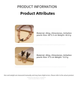 Detalles del collar de perlas de mariposa y pendientes con diamantes de imitación
