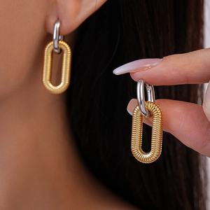 Ribbed Texture Oval Hoop Earrings With 925 Sterling Silver Earring Post 18K Gold Plated Stainless Steel Geometric For Women