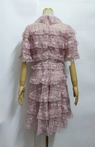 Detailed back view of pink tiered lace dress with intricate embroidery on the collar