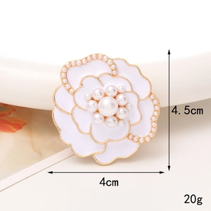 White enamel camellia charm with gold edging and pearls, size 4.5x4cm for DIY crafts