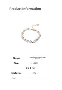 Irregular baroque freshwater pearl bracelet with adjustable gold clasp and size details