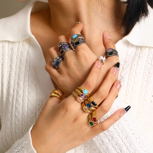 French vintage style rectangular colorful stone rings in 18k gold and silver twisted finish
