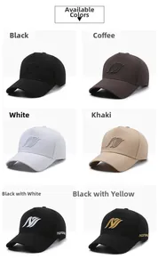 Vue en matrice de casquettes de baseball en six couleurs avec broderie de la lettre N