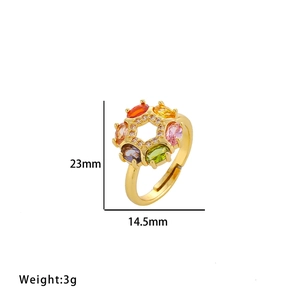 Adjustable gold ring with colorful zircon floral design and dimensions measurement