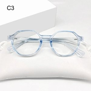 Irregular light blue anti-blue light glasses with a stylish transparent frame and pouch