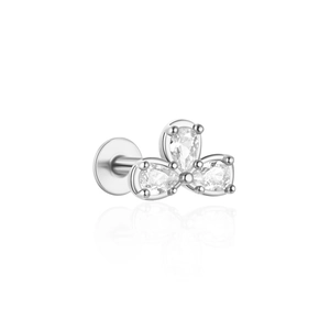 Macro detail of S925 sterling silver ear stud with three pear-shaped teardrop crystals