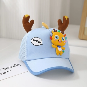 Detail of blue breathable mesh baseball cap for kids with cute plush antlers and 3D dragon