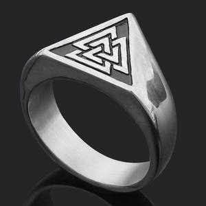 Detail view of vintage silver Valknut symbol on Norse Viking stainless steel signet ring