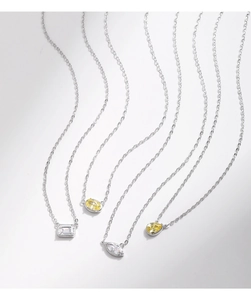 Detail of S925 silver necklaces with emerald, oval, marquise, and teardrop cut zircons
