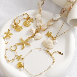 Collier Bracelet Boucles Oreilles Künstliche Perle Étoile De Mer Coquillage Bijoux Acier Inoxydable Style Plage Pour Femmes