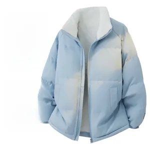 Detail view of light blue padded jacket featuring soft white fleece lining and side pockets