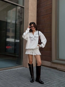 Women's white letter embroidery half-zip sweatshirt with skirt and black leather boots