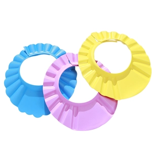 Adjustable baby shower cap set in blue, pink, and yellow waterproof material