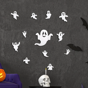 3D Halloween white ghost wall stickers on dark grey textured background for party decor