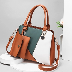 Chic tricolor geometric tote bag set with detachable shoulder strap and mini pouch charm