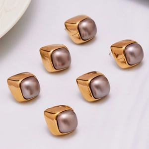 Geometric square stud earrings in 18k gold plating with grey faux pearls for women