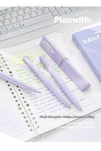 Detail of a purple triangular multi-color pen on a notebook with office background