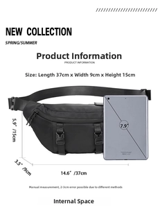 Detailed size chart of black tactical crossbody bag shown next to a 7.9-inch tablet