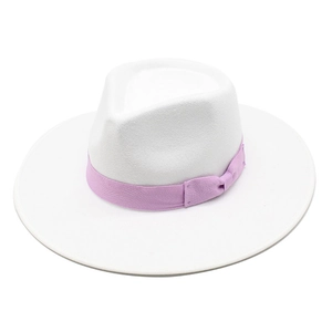 Detailed close-up of white wool fedora hat with elegant lavender satin ribbon and bow