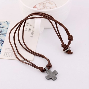 Retro handmade brown leather cord necklace with a matte grey alloy cross pendant for unisex