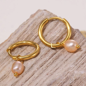 Elegant 18k gold plated stainless steel hoop earrings with hanging pink pearl drops