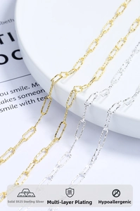 Close-up of S925 sterling silver geometric chain necklace with textured rectangular links
