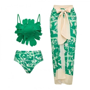 Three-piece vibrant green swimwear set with 3D floral bikini and matching sarong
