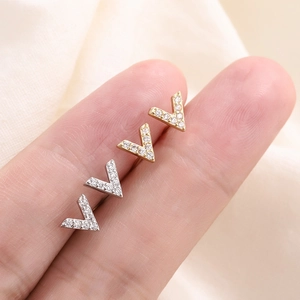 V Shape Stud Earrings Copper With Zircon Inlaid Geometric Exquisite Minimalist Fashion Jewelry For Women